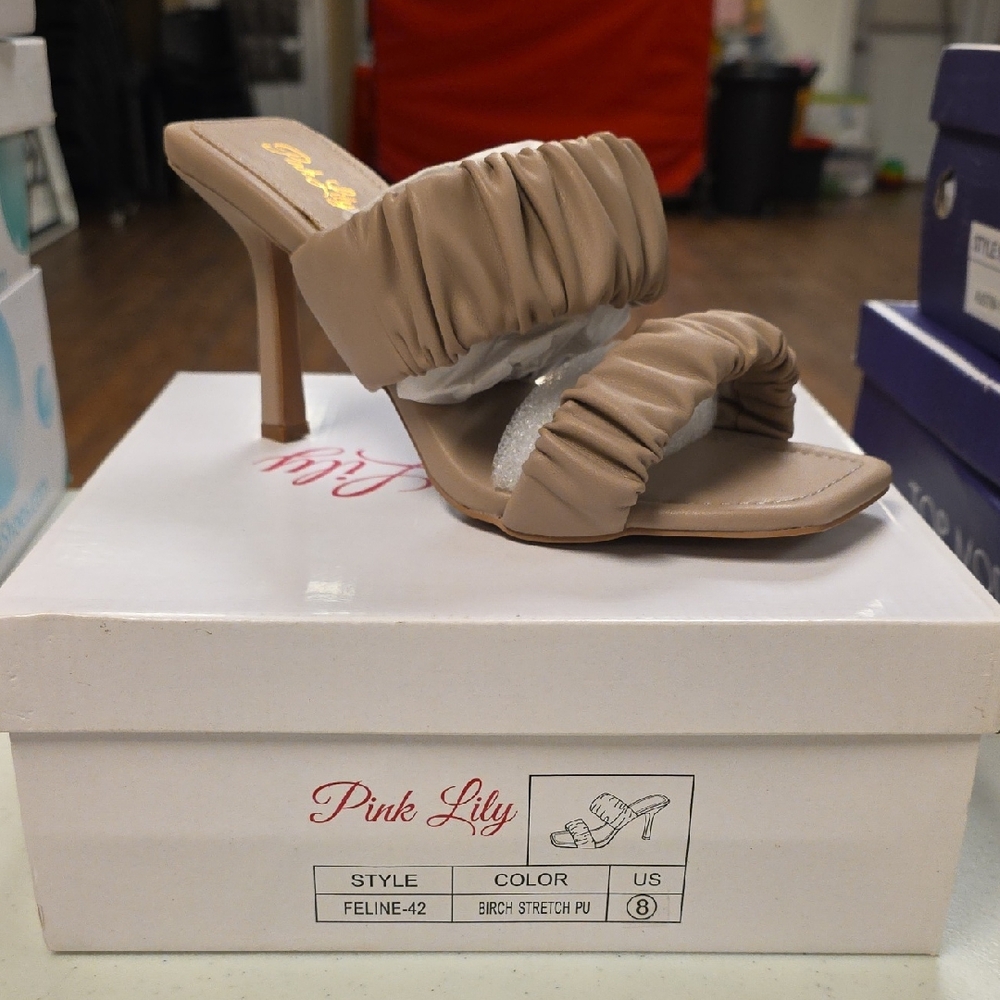 Pink Lily Ruched Double-Strap Mule Heel in Taupe